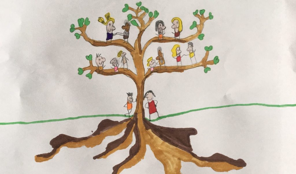 Dessin représentant une famille, les racines épaisses montrent les transmissions transgénérationnelles.